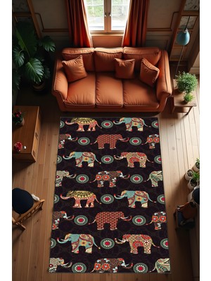 Makinede Yıkanabilir Fil Figürlü Kaymaz Taban Leke Tutmaz Salon Halısı Çocuk Halısı ve Kesme Yolluk