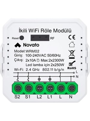Tuya Uyumlu Akıllı Anahtar Modülü, Çift Çıkışlı, Anahtar Girişli, 2X10A - 220V Röle, Google Asistan ve Alexa Destekli