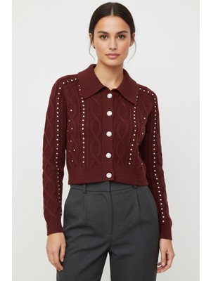Bordo Kadın Taş İşlemeli Örgü Hırka 7265