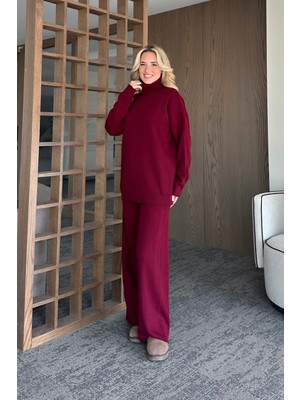 Bordo Boğazlı Fitilli Triko Takım - 4671