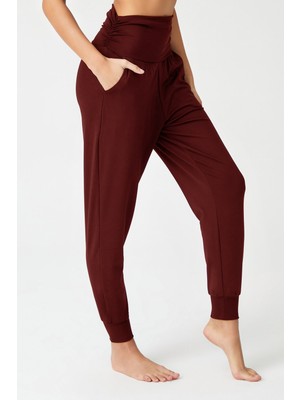 Bordo Beli Lastikli Şalvar Görünümlü Harem Pantolon Yoga Joggers