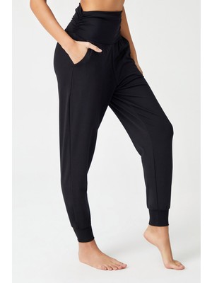 Los Ojos Siyah Kadın Beli Lastikli Şalvar Görünümlü Harem Pantolon %80 Polyester %20 Spandex Günlük Kullanım