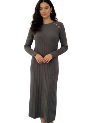 Antrasit Omuz Düğme Detaylı Triko Uzun Elbise 8154A