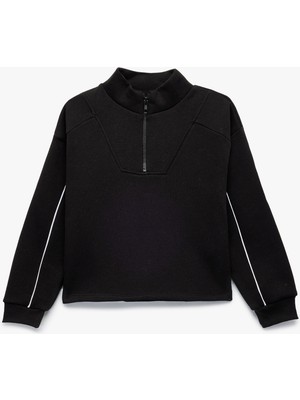 Şardonlu Uzun Kollu Dik Yaka Yarım Fermuarlı Sweatshirt