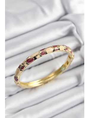 Mineli Pirinç Fuşya ve Krem Petek Motifli Gold Renk Kadın Kelepçe  - PRT3500EB07573