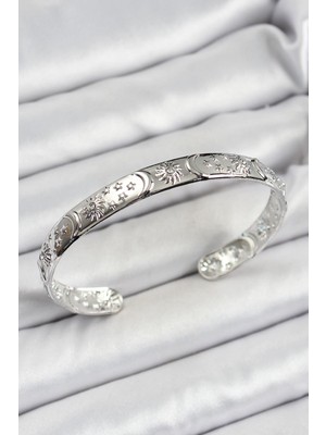 Pirinç Gümüş Renk Işlemeli Altı Açık Bileklik  - PRT3500EB06813