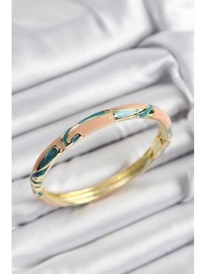 Mineli Pirinç Krem ve Yeşil Mermer Motifli Gold Renk Kadın Kelepçe  - PRT3500EB07569