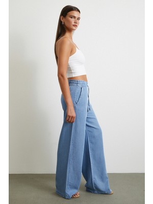 Beli Lastikli Bağcıklı Geniş Paça Pantolon Mavi