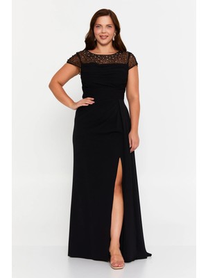 Doridorca Kadın Büyük Beden Taş Süslemeli Derin Yırtmaçlı Maxi Abiye Elbise 7048 Siyah