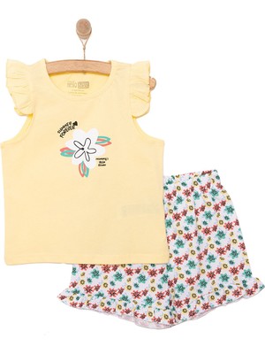 Hellobaby Kız Bebek Basic Tişört-Şort 2li Takım Yaz Çiçekleri Desenli Bisiklet Yaka Reçme Paça Atlet Kol Beyaz