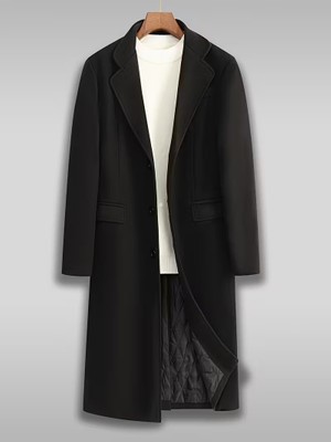 Mero Life Erkek Siyah Dar Kesim Uzun Yün Karışımlı Kaşe Palto