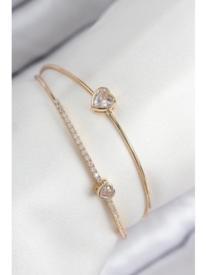 Pirinç Zirkon Taşlı Kalp Model Gold Renk Kadın Bileklik - PRT3500EB08797