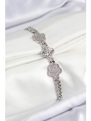 Pirinç Zirkon Taşlı Yonca Model Gümüş Renk Kadın Bileklik  - PRT3500EB07900