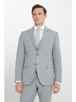 Yünlü Slim Fit Dar Kesim Mono Yaka Diagonal Desenli Kapak Cepli Yelekli Takım Elbise