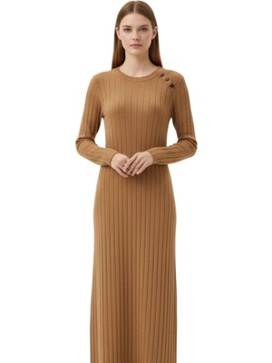 Vizon Omuz Düğme Detaylı Triko Uzun Elbise 8154A