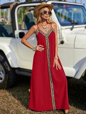 Moderie Butik Kadın Askılı V Yakalı Etnik Şerit Detaylı Uzun Viskon Elbise