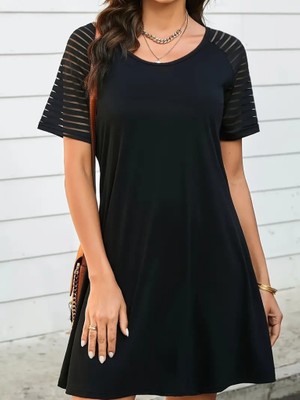 Moderie Butik Kadın Kısa Kollu Yuvarlak Yaka Şerit Kol Detaylı Viskon Elbise