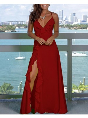 Moderie Butik Kadın Ip Askılı Dekolteli Yırtmaç Detay Krep Elbise