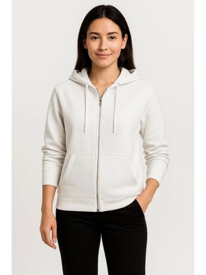 Moderie Butik Üç Iplik Kapüşonlu Tam Fermuarlı Kanguru Çepli Sweatshirt Hoodie - Beyaz