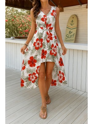 Moderie Butik Kadın Kolsuz V Yakalı Desenli Süprem Tulum Elbise