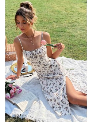 Moderie Butik Kadın Ip Askılı Yakadan Bağcıklı Desenli Süprem Elbise
