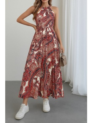 Moderie Butik Kadın Halter Yakalı Omuzlardan Açık Kuşaklı Maksi Boy Desenli Süprem Elbise