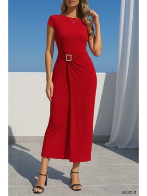 Moderie Butik Kadın Sandy Kumaş Metal Toka Detaylı Midi Boy Elbise