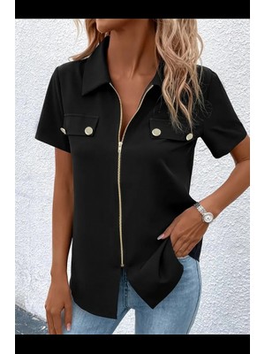 Moderie Butik Kadın Kısa Kollu Ceket Yaka Önü Fermuarlı Cep Detay Kısa Kol Ithal Krep Bluz