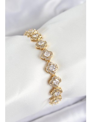 Pirinç Zirkon Taşlı Yonca Baget Model Gold Renk Vıp Seri Kadın Bileklik  - PRT3500EB07862