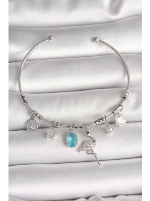 Pirinç Gümüş Renk Sallantı Zirkon Taşlı Filaminga Figür Charm Kadın Bileklik  - PRT3500EB04603