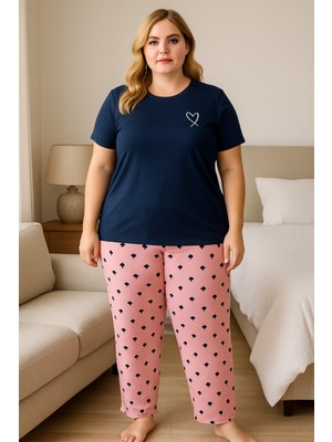 Büyük Beden Kadın Pijama Takımı Lacivert Kalp Baskılı