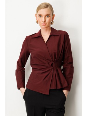 Ekol Kadın Kruvaze Yaka Önü Tokalı Bluz 3047 Bordo