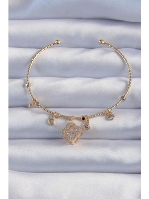 Pirinç Altın Renk Zirkon Taşlı Yonca Model Charm Bileklik  - PRT3500EB02331