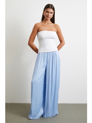Beli Lastikli Geniş Paça Büzgülü Pantolon Mavi