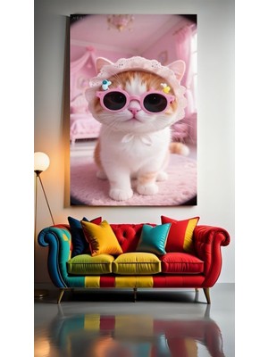 Özkacar Group Pijamalı Kedi Ev Duvar Salon Güzellik Salonu Ofis Dükkan Dekarasyon Kanvas Tablo