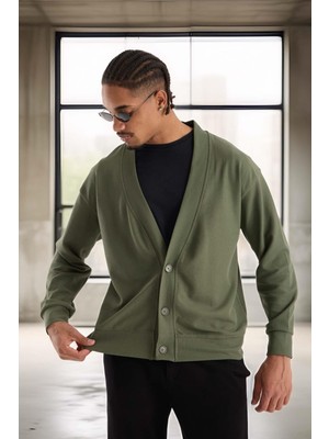 Potter Dokulu Selanik Kumaş Oversize Basic 3 Düğmeli Erkek Hırka - Avcı Yeşili