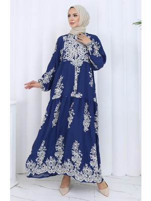 Sefa Merve Viskon Kumaş Yarım Düğmeli Elbise 2117-01 Lacivert