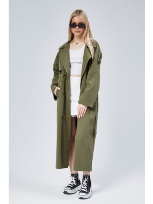 Bolivente Kadın Oversize Trençkot Haki Renk Gömlek Yaka  Polyester ile Rahat ve Şık