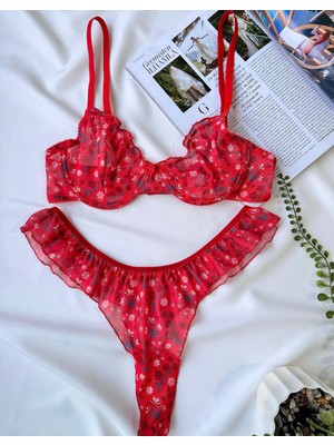 Kadın Kırmızı Çiçekli Iç Çamaşır Takımı