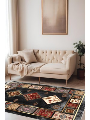 Dijital Baskı Klasik Desenli Kilim Görünümlü Dekoratif Makinada Yıkanabilir Salon ve Yolluk Halısı