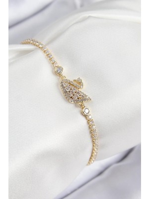Pirinç Zirkon Taşlı Kuğu Model Gold Renk Kadın Bileklik  - PRT3500EB08301