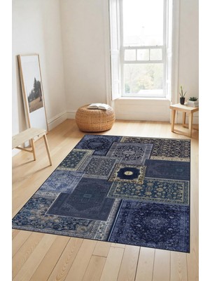 Makinede Yıkanabilir Mavi Temalı Kaymaz Taban Leke Tutmaz Mutfak Halısı Salon Halısı ve Yolluk