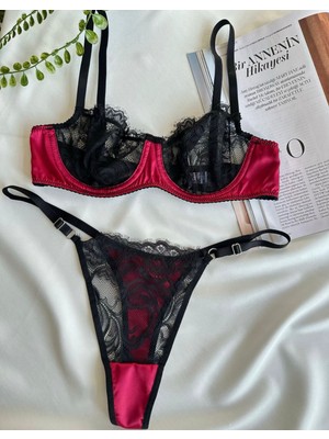 Kadın Siyah-Bordo Saten Dantelli Iç Çamaşır Takımı