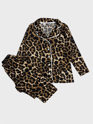 Anne -Kız Pamuklu Süet Kumaş Kahverengi Leopar Desenli Gömlek Yaka Düğmeli Uzun Kollu Pijama Takımı