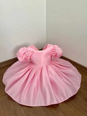Gnl Butik Pembe Renkli Kız Çocuk Abiye Elbise Saten Materyal Balon Kol Parti Doğum Günü İçin