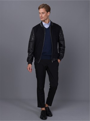 Basics & More Erkek Detaylı Hakiki Lacivert Deri Ceket - E1032