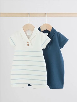 % 100 Pamuklu Lacivert Beyaz Şerit Desenli 2'li Romper Set