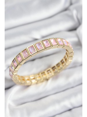 Pirinç Pembe Zirkon Taşlı Dikdörtgen Model Gold Renk Lastikli Kadın Bileklik  - PRT3500EB07843