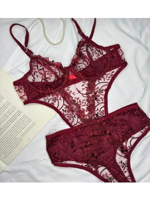 Bordo Dantel Iç Çamaşır Takımı Bodysuit