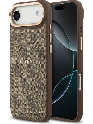 iPhone 17 Air Kılıf Guess Lisanslı M-Safe Şarjlı Gold Kamera Çerçeve Pu Deri Yazı Logolu Kahverengi